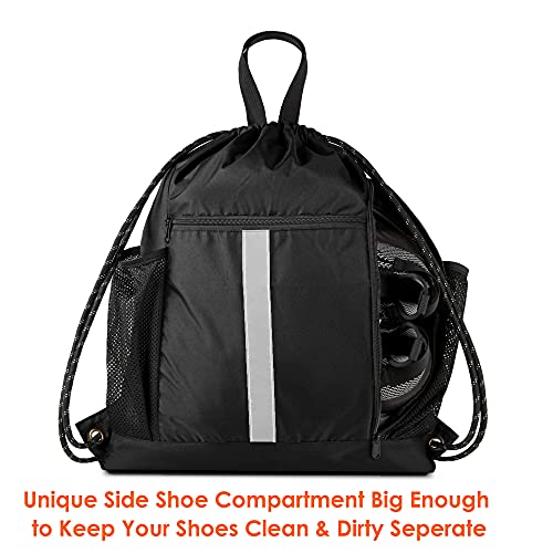 BeeGreen Drawstring Backpack Bag Sports Gym Backpack with Shoe Compartment and Two Water Bottle Holder for Men Women Large String Backpack Athletic Sackpack Workbag Black - color: Black, style: Drawstring With Shoe Compartment
