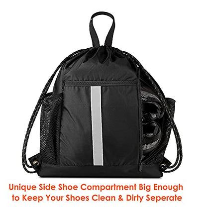 BeeGreen Drawstring Backpack Bag Sports Gym Backpack with Shoe Compartment and Two Water Bottle Holder for Men Women Large String Backpack Athletic Sackpack Workbag Black - color: Black, style: Drawstring With Shoe Compartment