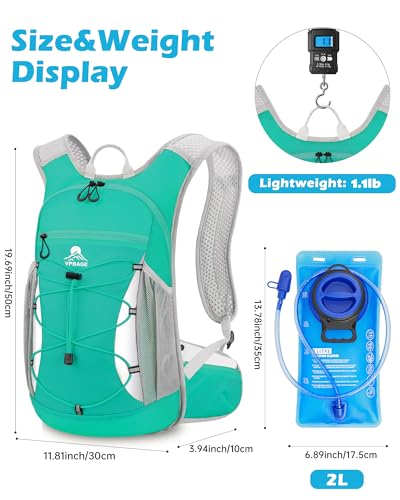 Hydration Backpack with 2L Water Bladder - Lightweight 15L Daypack with Phone-Sized Hip Belt Pockets, Anti-Chafe Cotton Edging & No-Bounce Straps - Small Water Backpack for Hiking, Running, Skiing - color: Emerald green