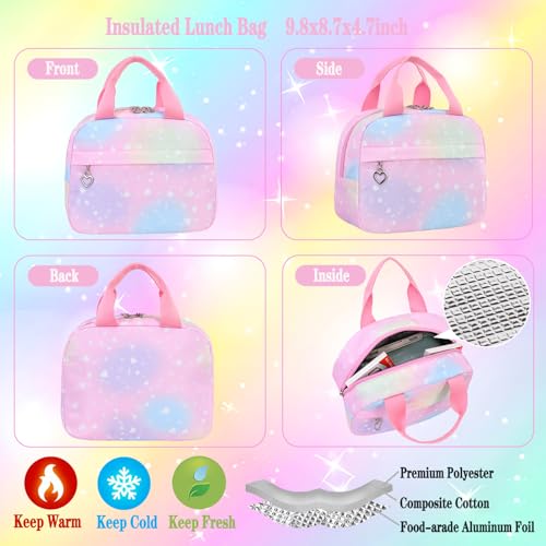 Girls Backpack Set with Lunch Box & Pencil Case, Floral Print Girls School Backpack for Elementary/Middle/High School (Rainbow) - color: Rainbow