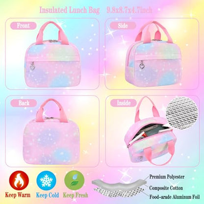 Girls Backpack Set with Lunch Box & Pencil Case, Floral Print Girls School Backpack for Elementary/Middle/High School (Rainbow) - color: Rainbow