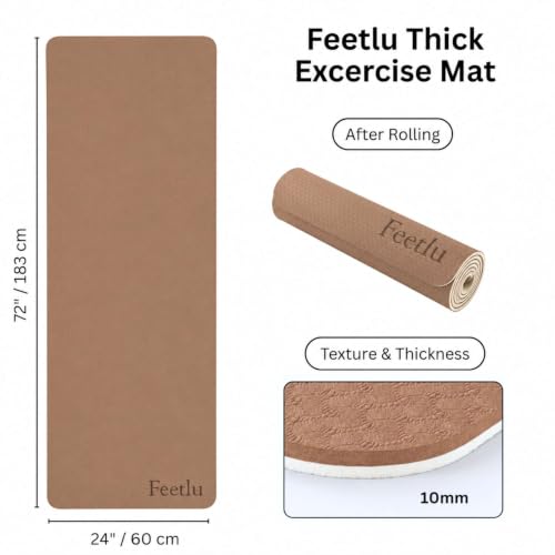 Extra Thick Yoga Mat with Carry Strap, 10mm Non-Slip Exercise Mat, 72 x 24 Inch Cushioned Workout Mat for Yoga, Pilates, Stretching & Floor Exercises - color: Coffee