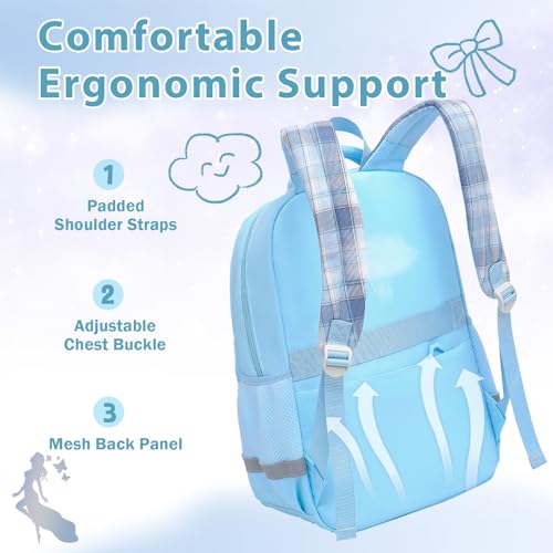 Alrisg Girls School Backpack Preppy Plaid Bookbag Lightweight Backpack for Girls Elementary Middle School Bow Blue Set - color: Blue, size: 17in Set