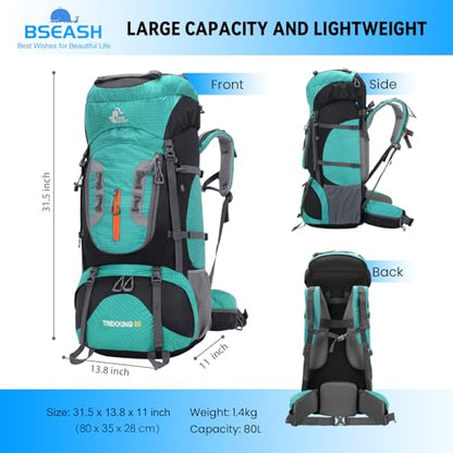 Bseash 80L Waterproof Hiking Camping Backpack with Rain Cover, Lightweight Outdoor Sport Travel Daypack for Climbing Touring (Lake Green) - color: Lake Green