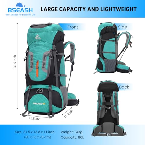 Bseash 80L Waterproof Hiking Camping Backpack with Rain Cover, Lightweight Outdoor Sport Travel Daypack for Climbing Touring (Lake Green) - color: Lake Green