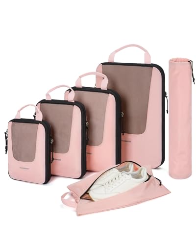 BAGSMART Compression Packing Cubes for Travel, 6/5/4set Lightweight Packing Organizers, Summer Travel Essentials Suitcase Organizer Bags Set - color: B-Baby Pink, size: 6 Set-Compress
