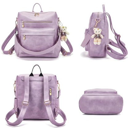 Soperwillton Women Backpack Purse Multipurpose Design Handbags Shoulder Bag PU Leather Travel bag Backpack Set 2pcs - color: Lightpurple