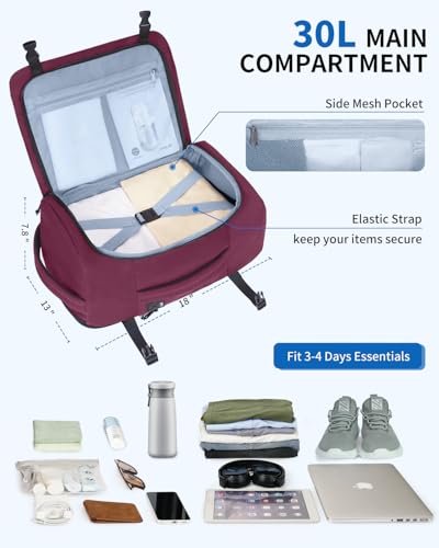 ECOHUB Travel Backpack for Women, Flight Approved Carry On Bag, 30L Personal Item for Weekend Getaways, Fits 17.3" Laptop, Red - color: Red