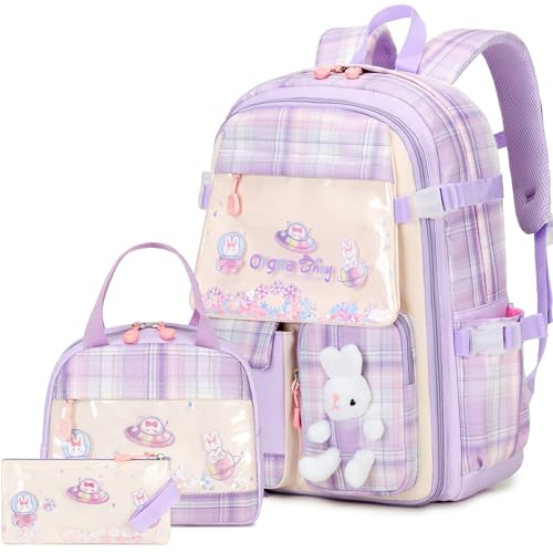 FIXITOK Girls Backpack Set, 3PCS Kids Backpack for Girls, Kawaii Bunny School Backpacks for Girl Kindergarten Elementary Preschool Middle School Bags with Lunch Box Pencil Case Purple-Plaid - color: Purple-plaid
