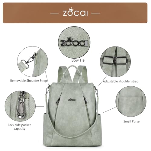 ZOCAI Backpack Purse for Women Medium Anti-Theft Backpacks Purses Design Leather Shoulder Bags with Removable Strap - color: Light Green