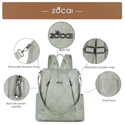 ZOCAI Backpack Purse for Women Medium Anti-Theft Backpacks Purses Design Leather Shoulder Bags with Removable Strap - color: Light Green