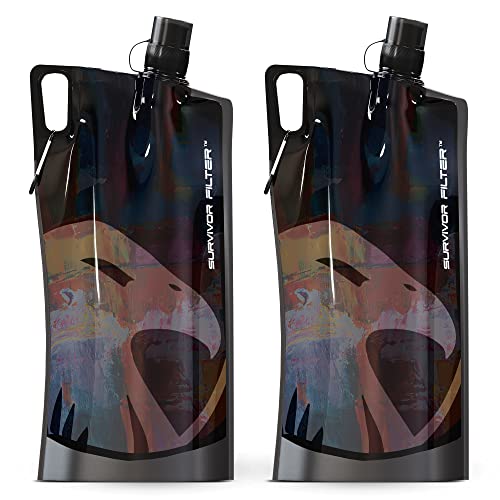 Survivor Filter Clear Collapsible Water Bottles - Travel, Hiking, Foldable, BPA-Free - 2 x - color: Black, size: 1 l / 33 oz