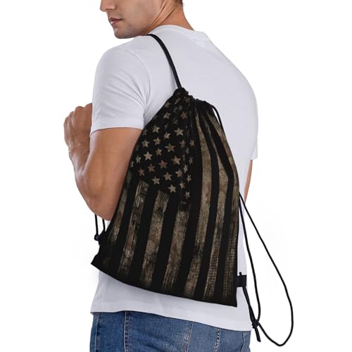 Gianlaima Camo Brown Camouflage American Flag Drawstring Backpack Sport Gym Sack Yoga Dance Travel Bag For Men & Women - color: Black7
