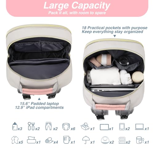 MOMUVO Diaper Bag Backpack, Quilted Baby Bag with Changing Pad and Stroller Straps and Pacifier Case, Multifunction Waterproof Travel Diaper Bags, Unisex, Light Grey and Pink - color: Lgrey Pink