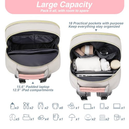 MOMUVO Diaper Bag Backpack, Quilted Baby Bag with Changing Pad and Stroller Straps and Pacifier Case, Multifunction Waterproof Travel Diaper Bags, Unisex, Light Grey and Pink - color: Lgrey Pink