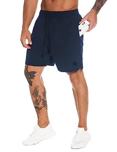Men's 2 in 1 Workout Running Shorts 7" Quick Dry Athletic Shorts with Liner Gym Training Short for Men with Towel Loop - color: Navy Blue, size: Medium
