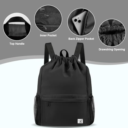 Drawstring Backpack with Mesh Pockets String Gym Bag Sackpack Sandproof Water Resistant Beach Backpack for Men Women - color: Black102