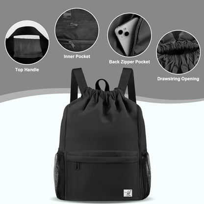 Drawstring Backpack with Mesh Pockets String Gym Bag Sackpack Sandproof Water Resistant Beach Backpack for Men Women - color: Black102