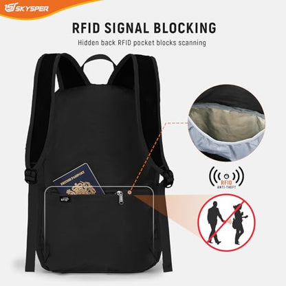 SKYSPER Small Hiking Backpack for Men Women 20L RFID Packable Daypack Ultralight Foldable Back Pack Lightweight Collapsible Travel Day Pack - color: Black