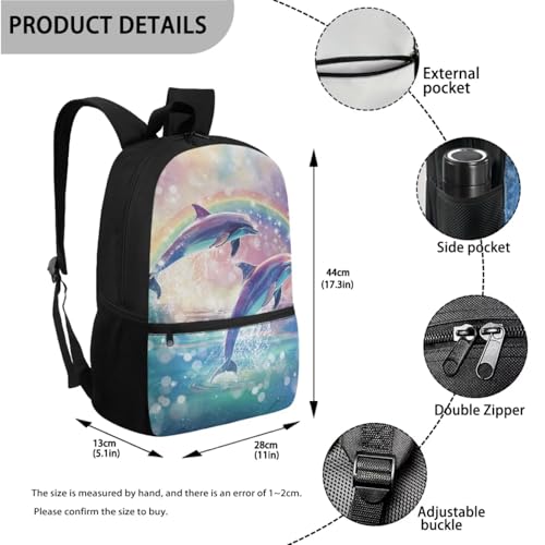 ZOUTAIRONG Rainbow Dolphins School Bags and Mini Water Bottle Large Capacity Bookbags Set Casual Backpack with Side Pockets for Small Thermos - color: Rainbow Dolphins