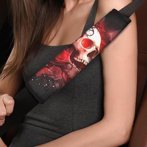 Dreaweet Red Rose Skull Seat Belt Covers for Women 2 Pack Car Seat Belt Cover Shoulder Seatbelt Pads Cover Halloween Car Car Accessories Soft Seat Belt Cushion Shoulder Strap - color: Rose Skull