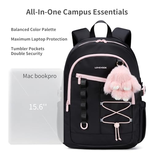 LOVEVOOK School Backpack for Girls, Large Capacity 16 Laptop Backpack with Insulated Lunch Box & Tumbler Pockets, Multi-Compartment Bookbag, Water-Resistant Travel Backpack, Black Pink - color: Black Pink Lunch
