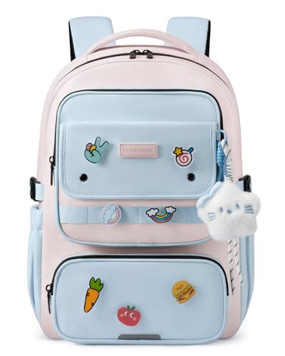 LOVEVOOK School Backpack for Teen Girl, Cute Bookbag with Large Bottle Holder, Lightweight Elementary Middle High School Student Backpack Fits 15.6 Inch Laptop, Back to Schools Kid Gift, Blue-Pink - color: Light Blue - Pink, size: 15.6 Inch