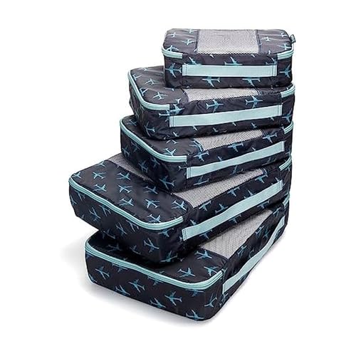 Travel Wise Packing Cubes for Travel - 5 Piece Set with Pattern Design, Lightweight Ripstop Nylon Luggage Organizers with Mesh Panel, Small Medium Large Sizes - color: Navy Airplanes