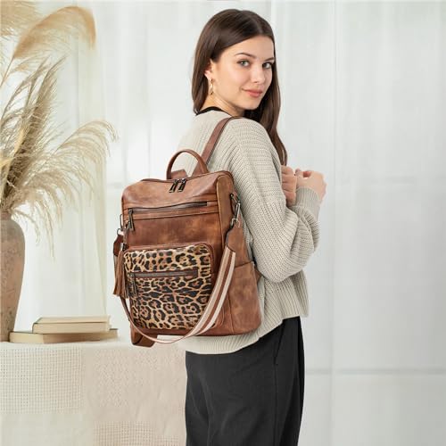 Shrrie Backpack Purse for Women Leather Backpack Fashion Designer Travel Backpack Convertible Shoulder Bag - color: 2-7 Brown With Lopard