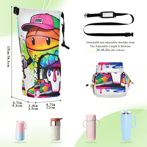 Drip-Style Cartoon Basketball Small Backpack with Water Bottle Holder Functional Hiking Water Bottle Carrier 20/24/32/40oz for Adults Kids Walking Hiking Camping Travelling Bolso para Botella