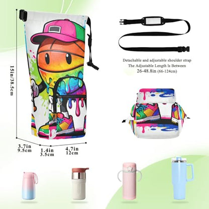 Drip-Style Cartoon Basketball Small Backpack with Water Bottle Holder Functional Hiking Water Bottle Carrier 20/24/32/40oz for Adults Kids Walking Hiking Camping Travelling Bolso para Botella