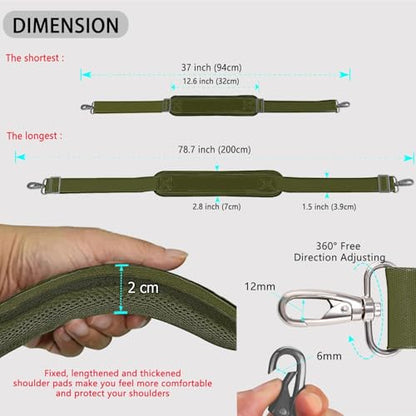 ZINZ 79 inch Shoulder Strap, Extra-thick Fixed Cushion Pad and Dual Clasps Universal Replacement Strap with Metal Swivel Hooks for Laptop Bags, Luggage Bags, Camera, Crossbody(Army Green) - color: Army Green