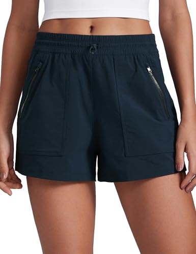 CRZ YOGA High Waisted Hiking Shorts for Women 3" - Water Resistant Cargo for Athletic Travel Outdoor with Zip Pockets - color: True Navy, size: Small