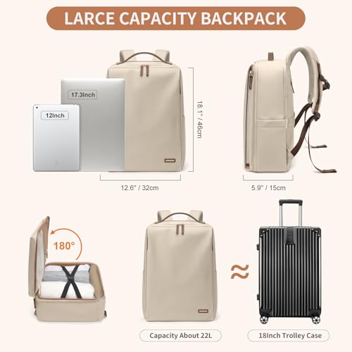 GOLF SUPAGS Stylish Laptop Backpack for Women Airline Approved Perfect for Work College and Travel Multi-Functional Casual Daypack Fits 17.3 Inch Notebook (Apricot)