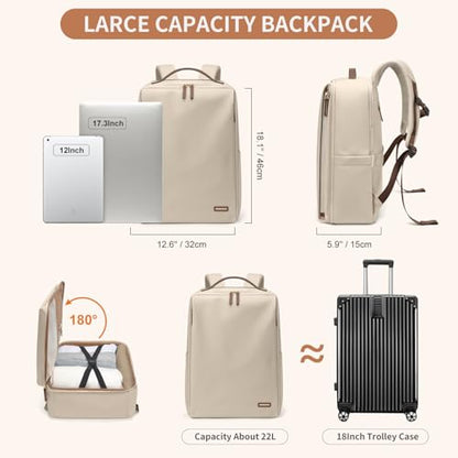 GOLF SUPAGS Stylish Laptop Backpack for Women Airline Approved Perfect for Work College and Travel Multi-Functional Casual Daypack Fits 17.3 Inch Notebook (Apricot)