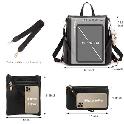 Soperwillton Women Fashion Backpack Purse Anti-Theft Leather Shoulder Bag Travel Multi Pockets Handbag Wallet Set 3pcs - color: Black