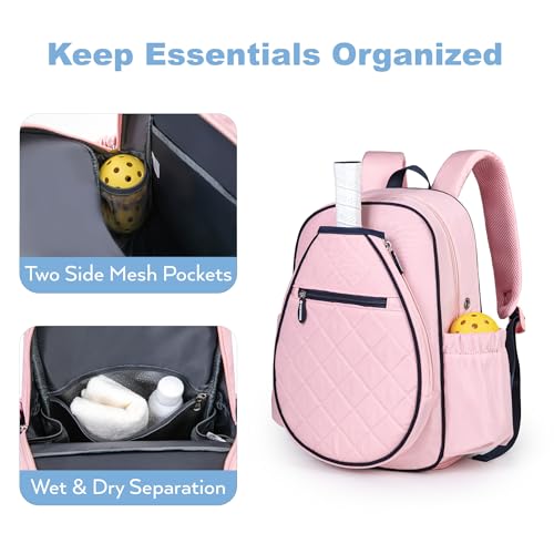KAVIGOR Pickleball Bag, Quilted Pickleball Backpack with Shoe Compartment & Waterproof Pocket, Pickle Ball Paddle Bag Fits 2 to 4 Paddles for Women and Men - color: Pink