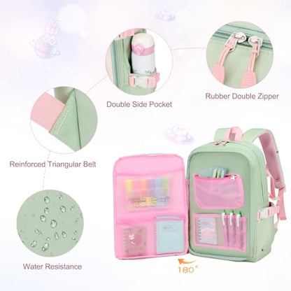 FIXITOK Girls Backpack Set, 3PCS School Backpack for Girls, Kawaii Bunny Kids Backpacks for Girl Kindergarten Elementary School Preschool Travel Daycare Bookbag with Lunch Box Pencil Box Green - color: Green