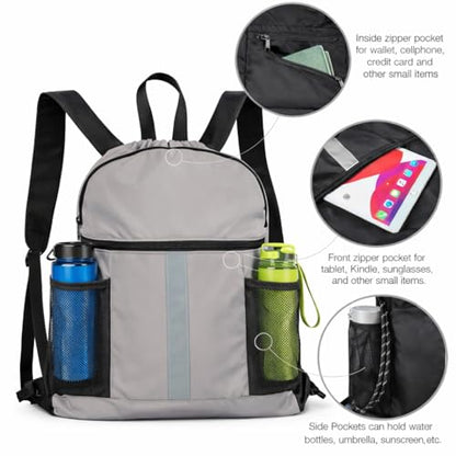 PPZ Drawstring Sports Backpack with Side Mesh Pockets, Lightweight Gym & Travel Bag with Water Bottle Holders for Fitness, Outdoor Activities and Daily Use – Gray