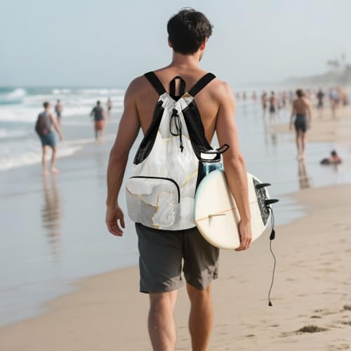 Drawstring Beach Bags Climbing Gym Bag With Inside Pockets String Bag Waterproof Marble White Neutral - color: Color 15