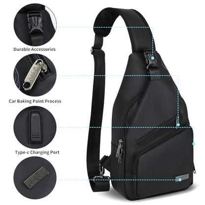 AMJ Crossbody Sling Bag Men Women, Casual Shoulder Backpack, Chest Daypack Satchel for Hiking Travel - color: Black Leather, size: Small