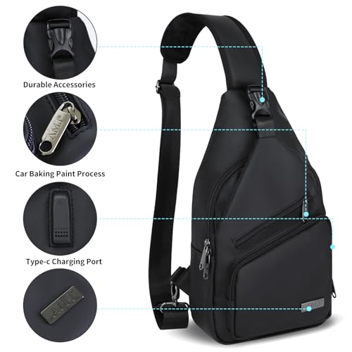 AMJ Crossbody Sling Bag Men Women, Casual Shoulder Backpack, Chest Daypack Satchel for Hiking Travel - color: Black Leath, size: Large