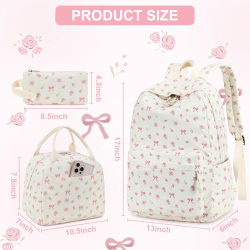 BTOOP School Backpacks for Teen Girls Bookbags Lightweight Kids Backpack School Bags Set with Lunch Box Pencil Case - color: A-pink Bow-flower