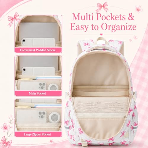 Quilted Backpack for Teen Girls, Cute Pink Bow School Backpack with Multi-Pocket Design, Lightweight Cotton Bookbag Fits 15.6" Laptop, Large Capacity Aesthetic Backpack with Plush Charm - color: Pink Bow