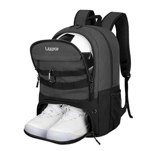 LARIPOP Soccer Backpack with Ball Holder & Shoe Compartment Large Capacity Sports Bag for Training - color: Dark Grey