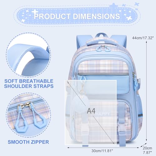 KEBEIXUAN Kids Backpack for Girls - Cute Plaid Bookbag for Elementary Student, Lightweight and Spacious School Bag (Blue) - color: Plaid Blue
