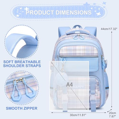 KEBEIXUAN Kids Backpack for Girls - Cute Plaid Bookbag for Elementary Student, Lightweight and Spacious School Bag (Blue) - color: Plaid Blue