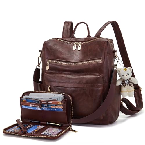 Soperwillton Women Backpack Purse Multipurpose Design Handbags Shoulder Bag PU Leather Travel bag Backpack Set 2pcs - color: Deepred