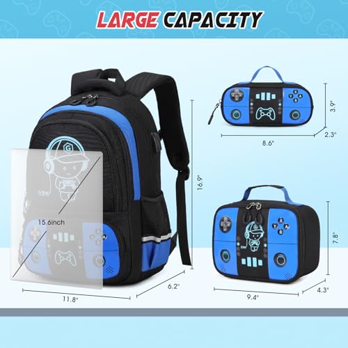 Bevalsa Backpack for School Boys, Cool Luminous Gamer Boys Schoolbag with Lunch Box & Pencil Case Set for Kids Teens Elementary Middle School, Bookbag Glow In The Dark(Blue Backpack) - color: Blue, style: Backpack