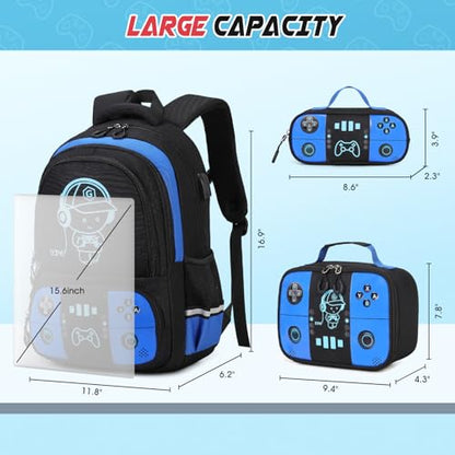 Bevalsa Backpack for School Boys, Cool Luminous Gamer Boys Schoolbag with Lunch Box & Pencil Case Set for Kids Teens Elementary Middle School, Bookbag Glow In The Dark(Blue Backpack) - color: Blue, style: Backpack